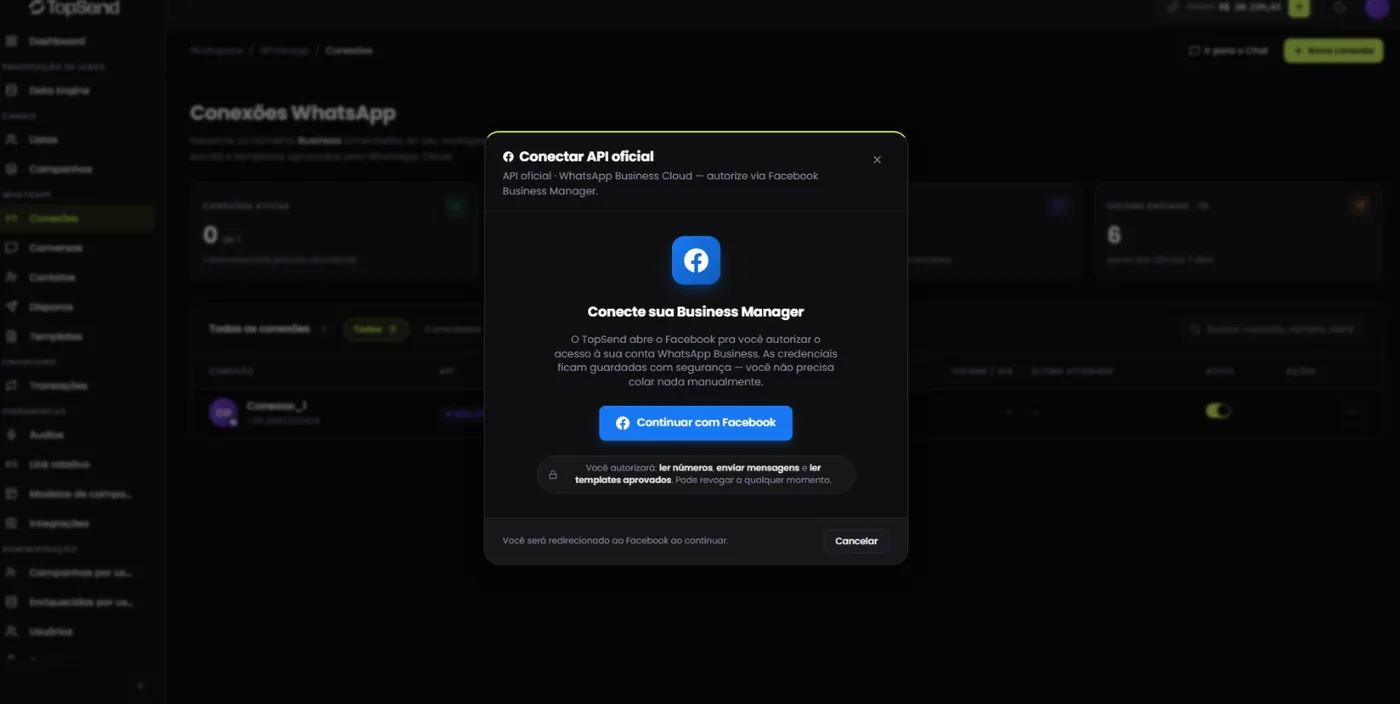 Conexões de WhatsApp oficial e contingência no TopChat